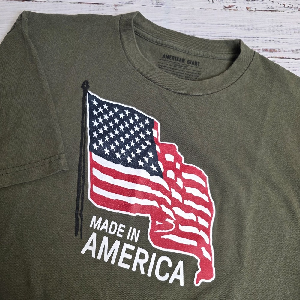American Giant Shirt Mens XL Green Made In America USA‎ Flag Short Sleeve Tee